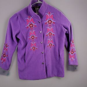 Bob Mackie Jacket Womens Large Wearable Art Fleece Floral Embroidered Purple Red